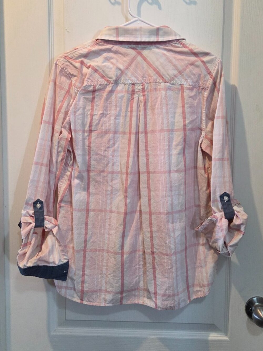 Vintage Tommy Hilfiger Pink Plaid Roll Tab Sleeve Button Up Shirt Size Large